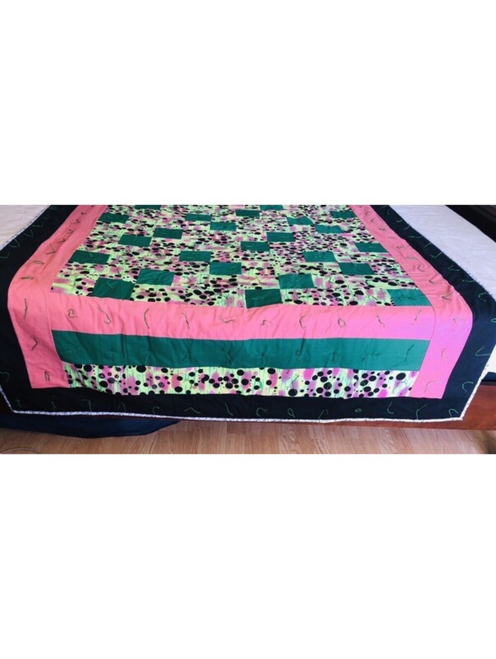 Handmade Reversible Green/Pink and Polka Dot Floral Textile Cotton Quilt 59”x81”
